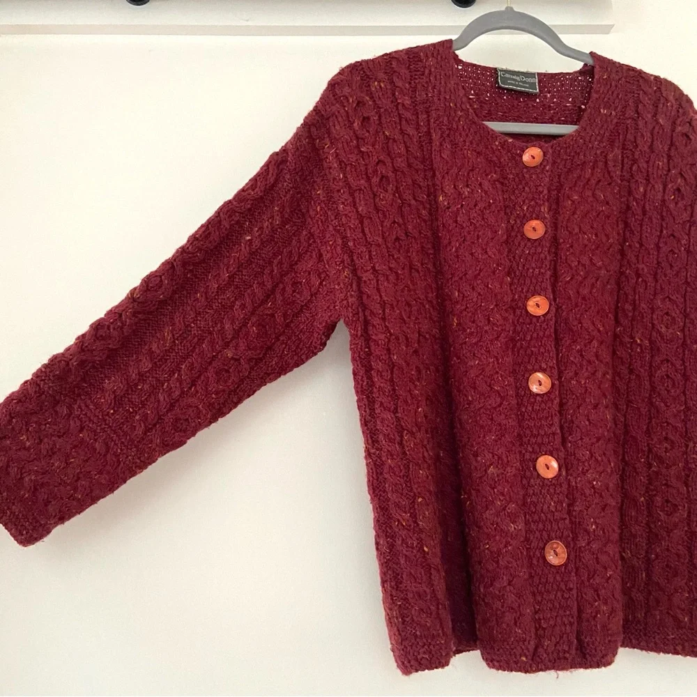 Carraig Donn Cardigan Womens L Red Wool Cable Knit Ireland Chunky Fisherman
